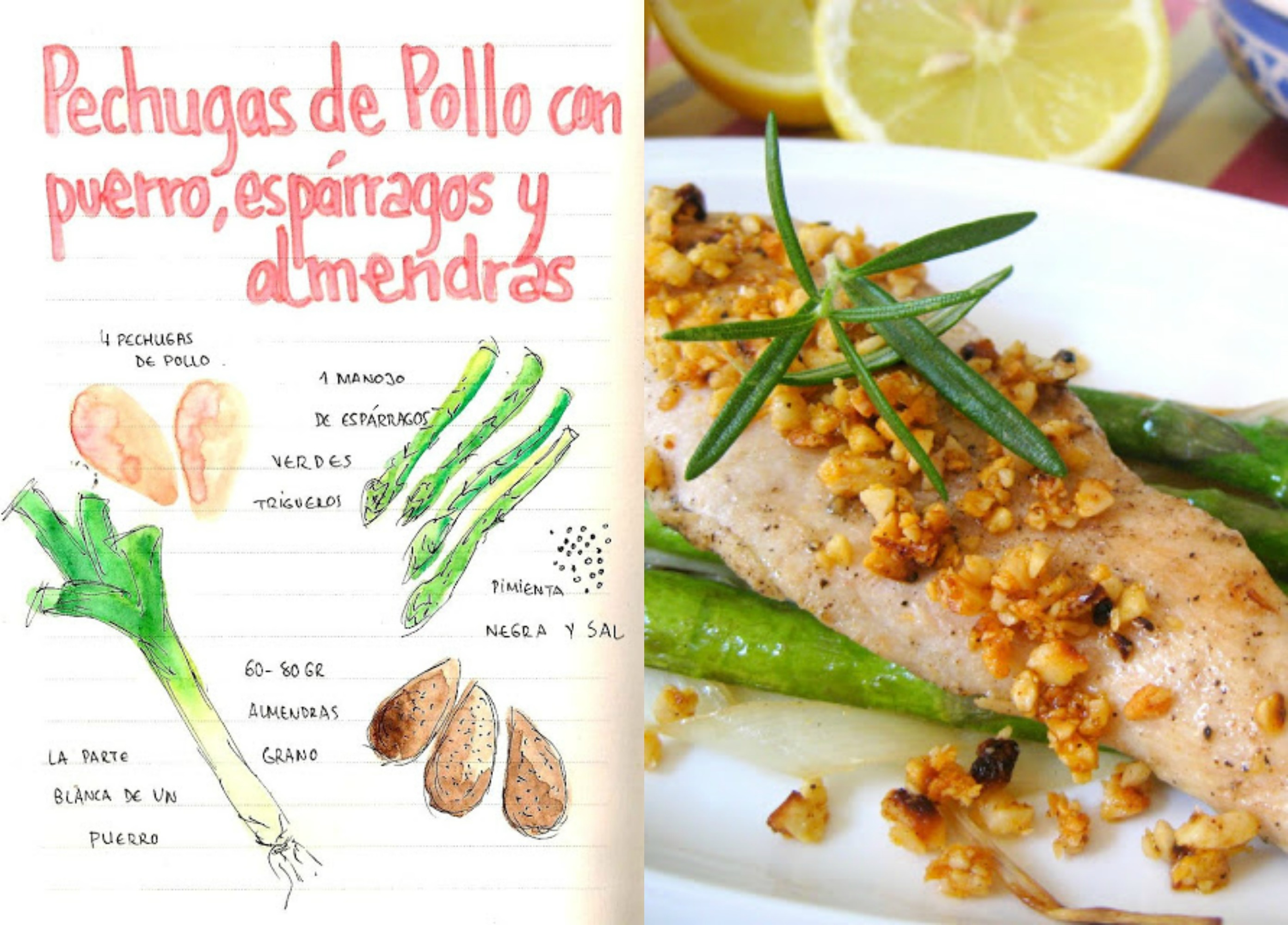 Pechugas de pollo con puerro, esparragos y almendras