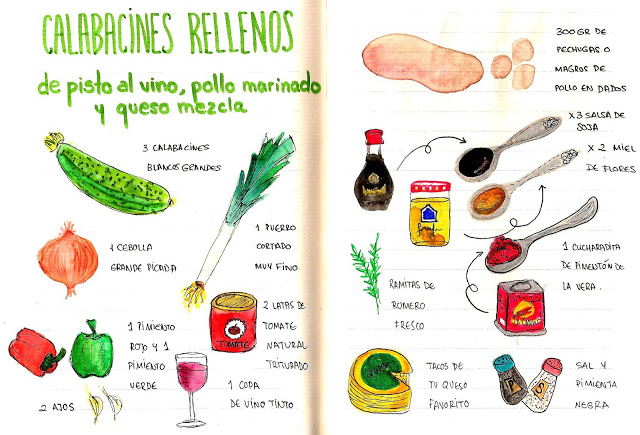 Calabacines blancos rellenos de pisto con vino tinto y pollo marinado