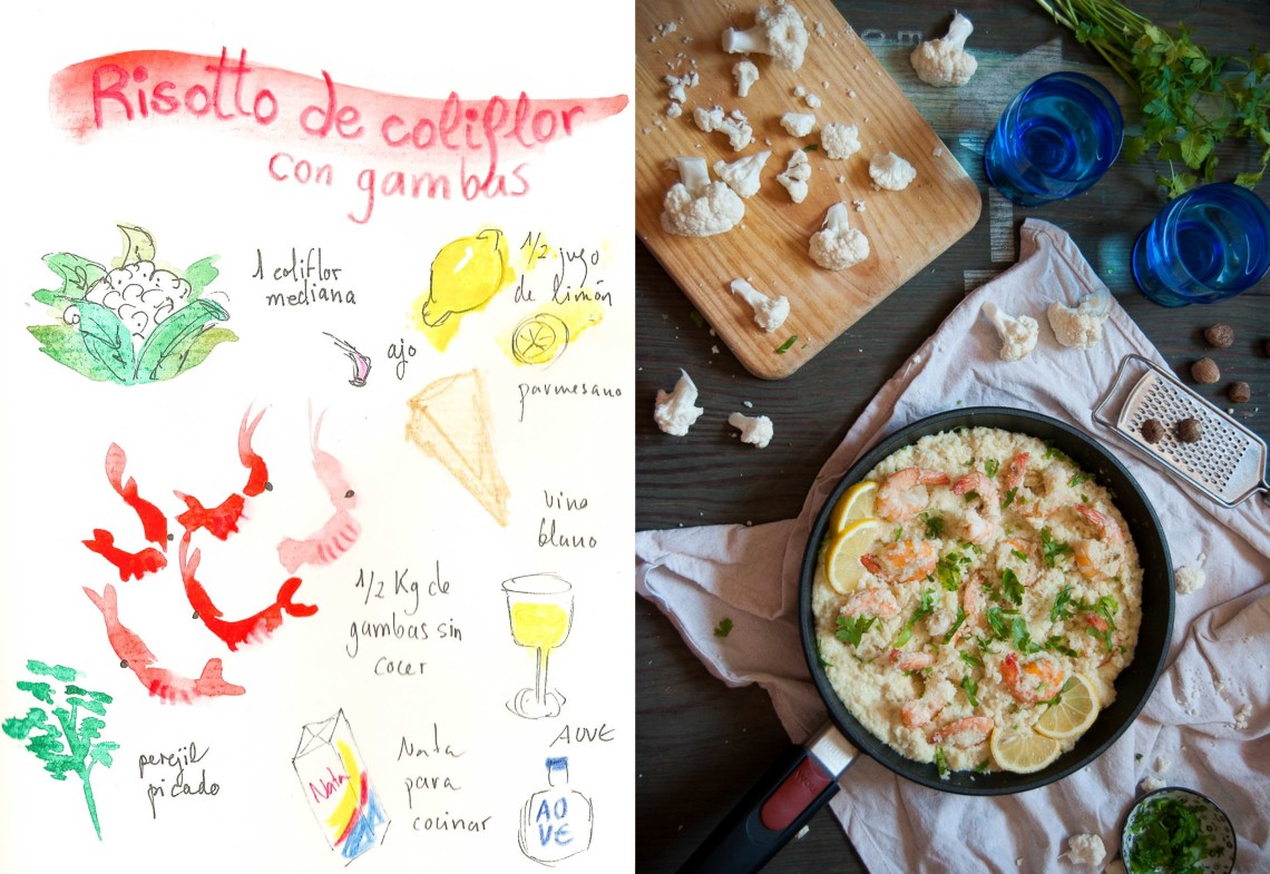 Falso risotto de coliflor con gambas
