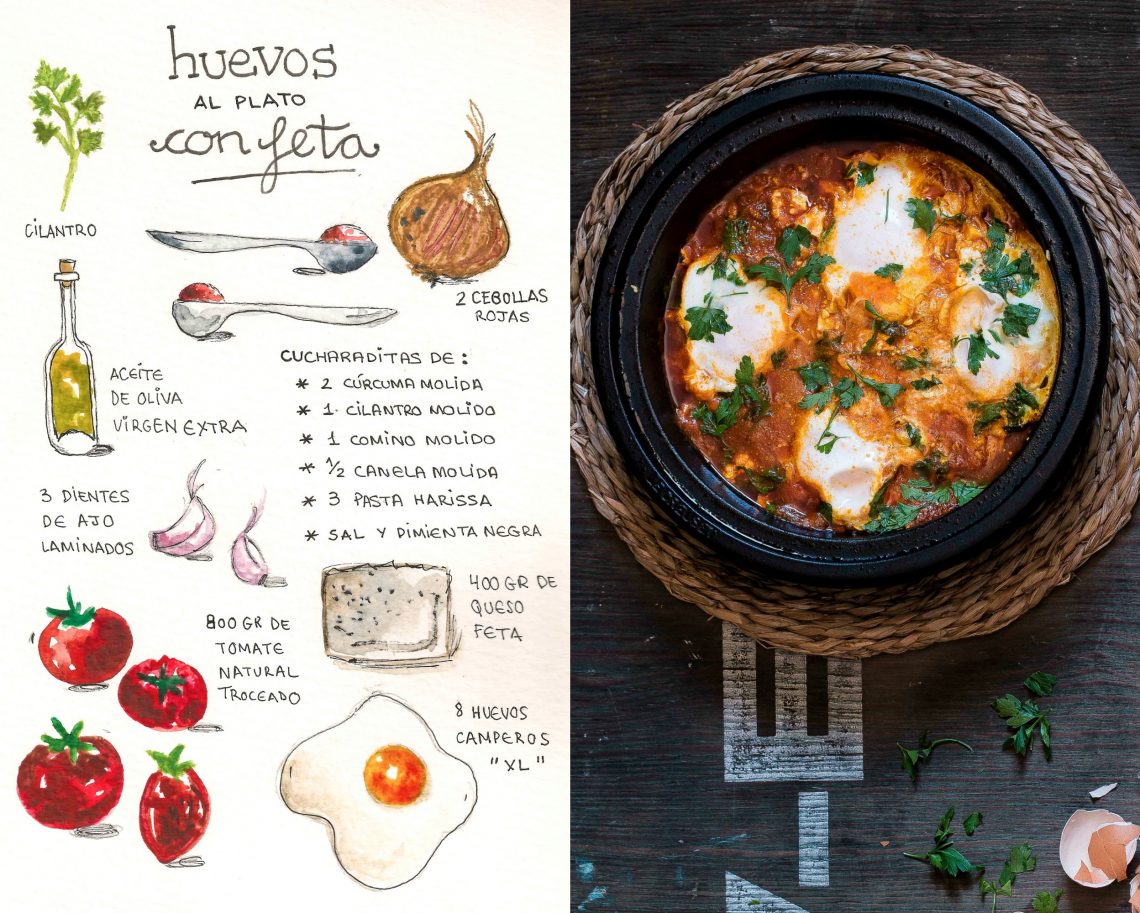Shakshuka con feta, salsa de tomate y cilantro