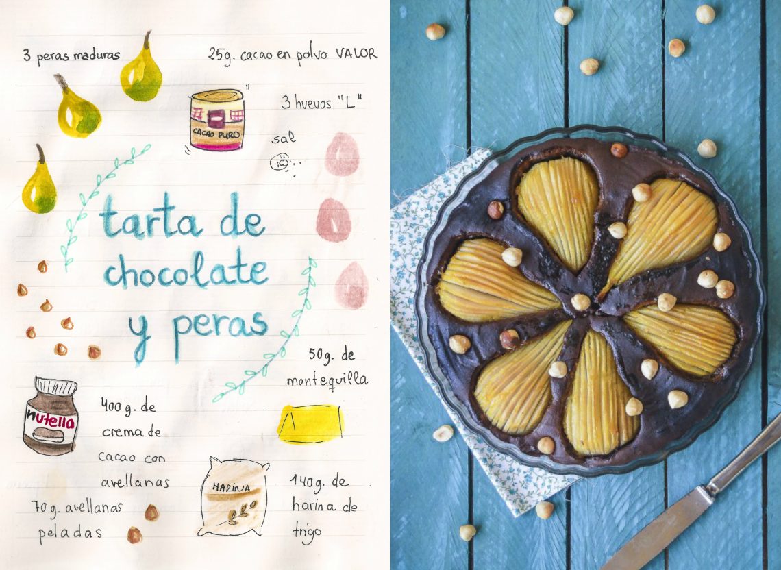 Tarta de chocolate, avellanas y peras