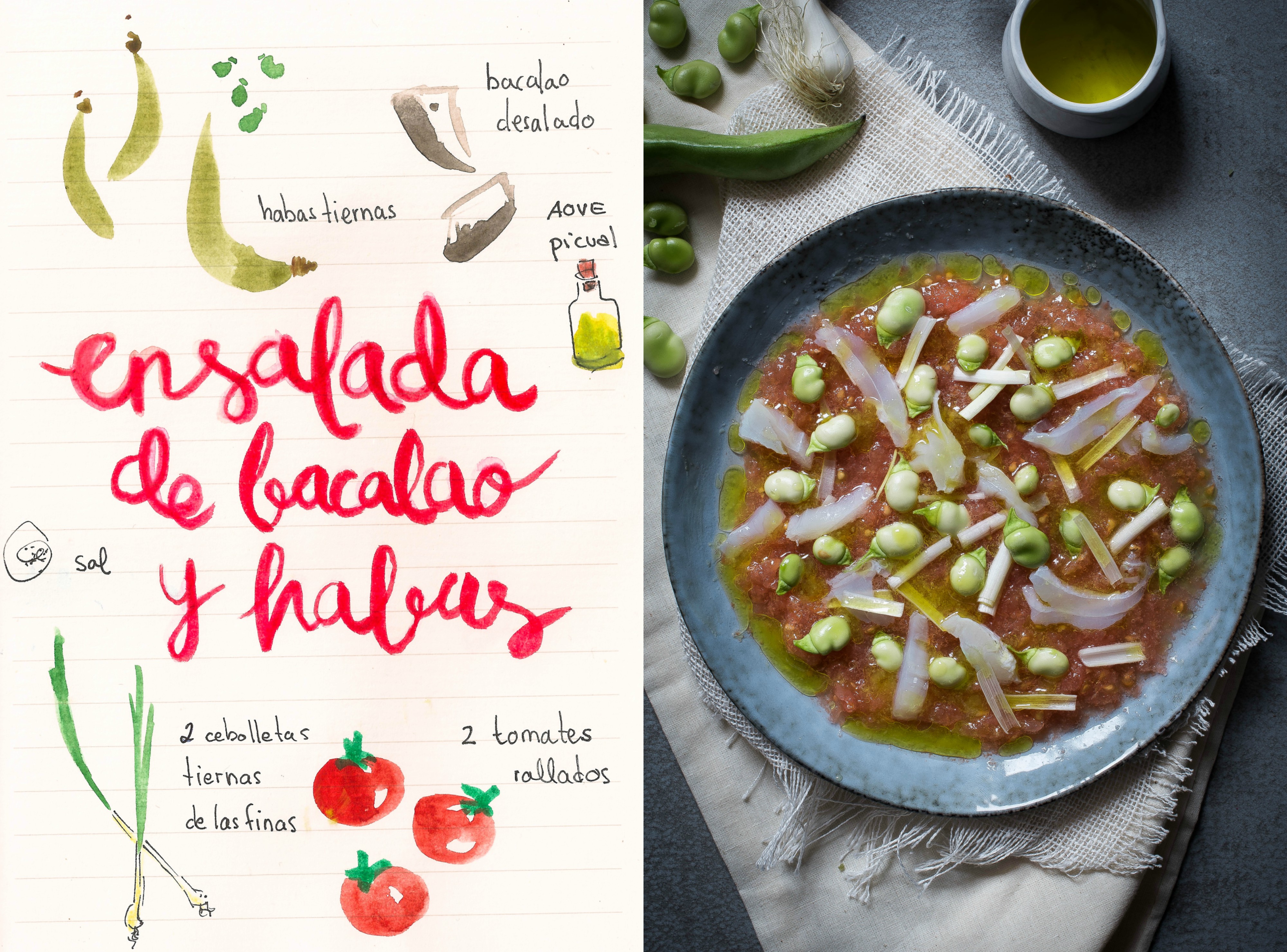 ensalada de habas, tomate y bacalao