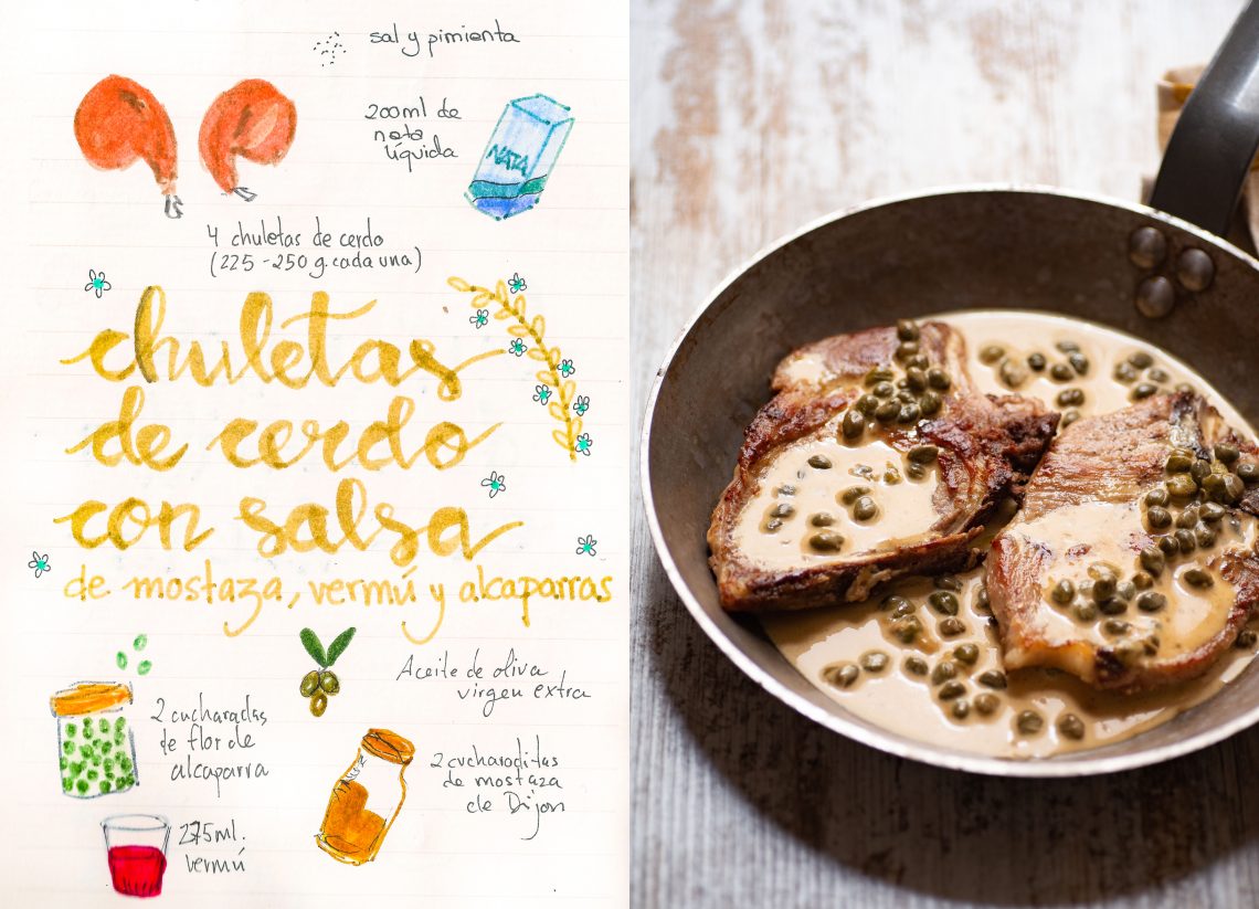 Chuletas de cerdo en salsa de mostaza, vermú y alcaparras